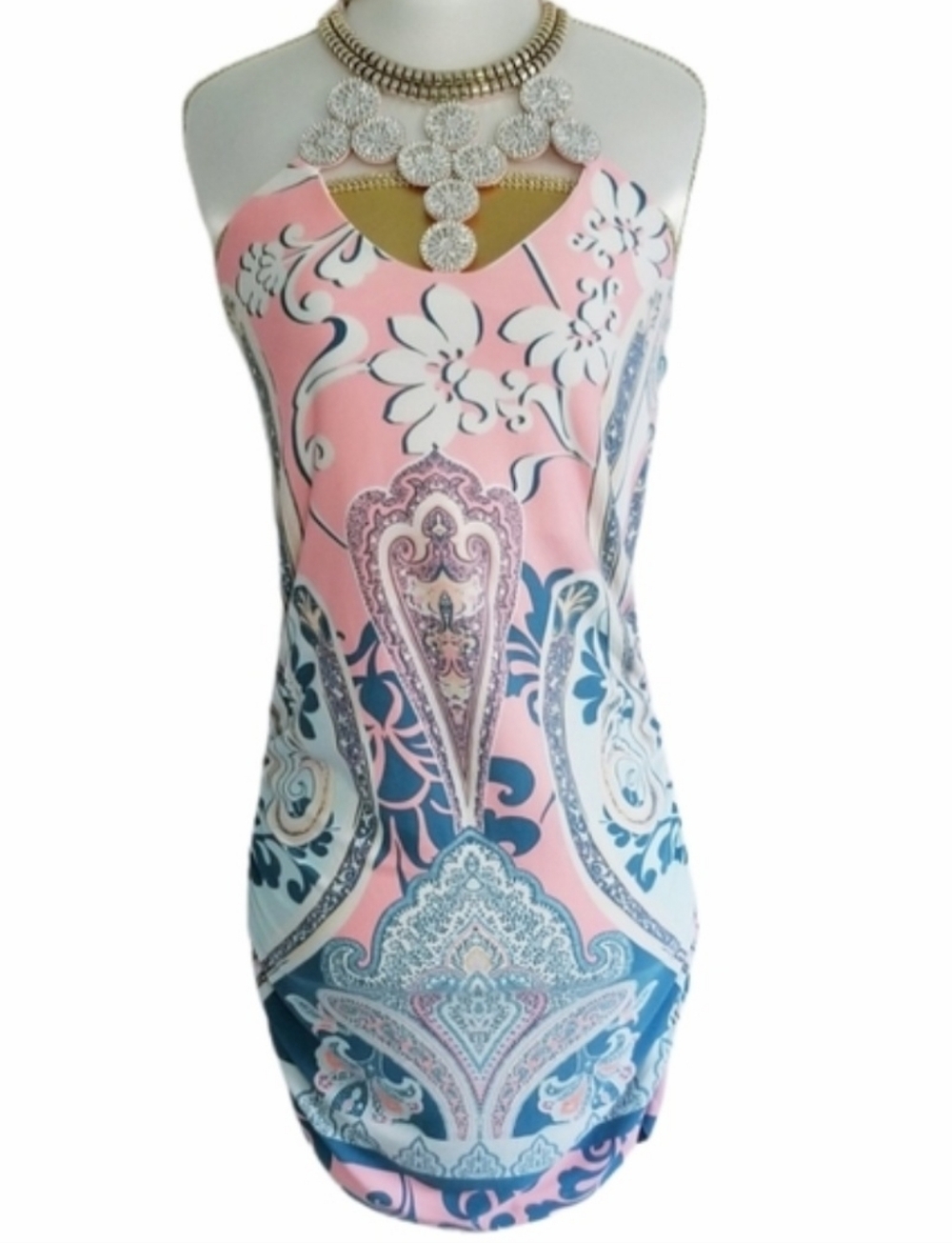 VENUS Pink & Blue Paisley Floral Print Sleeveless Halter Dress Jeweled Neckline